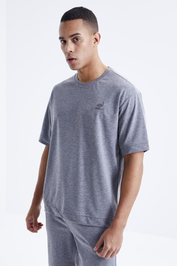 Gri Melanj O Yaka Oversize Bermuda Erkek Şort Takım - 85164 - 3