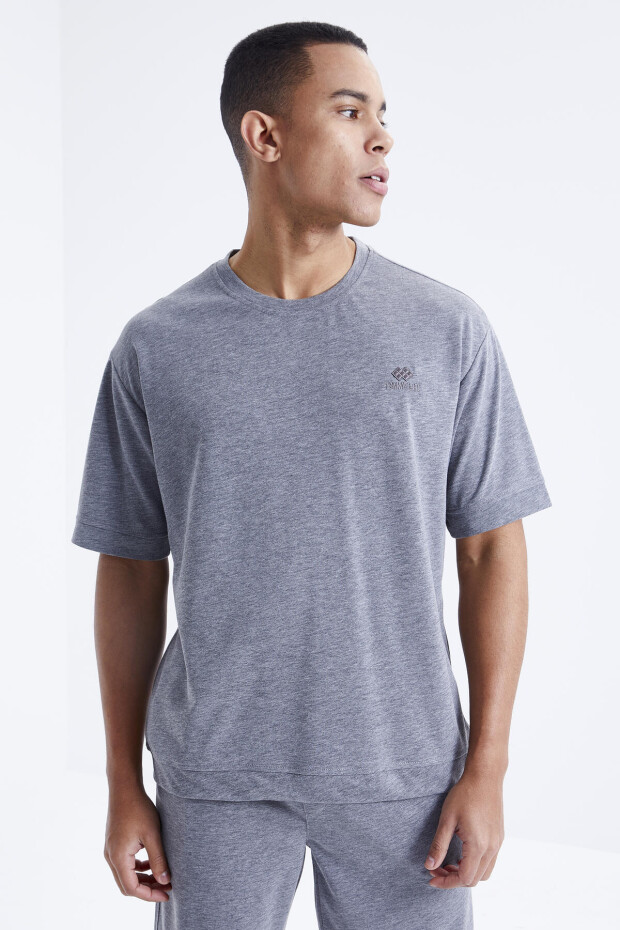 Gri Melanj O Yaka Oversize Bermuda Erkek Şort Takım - 85164 - 4
