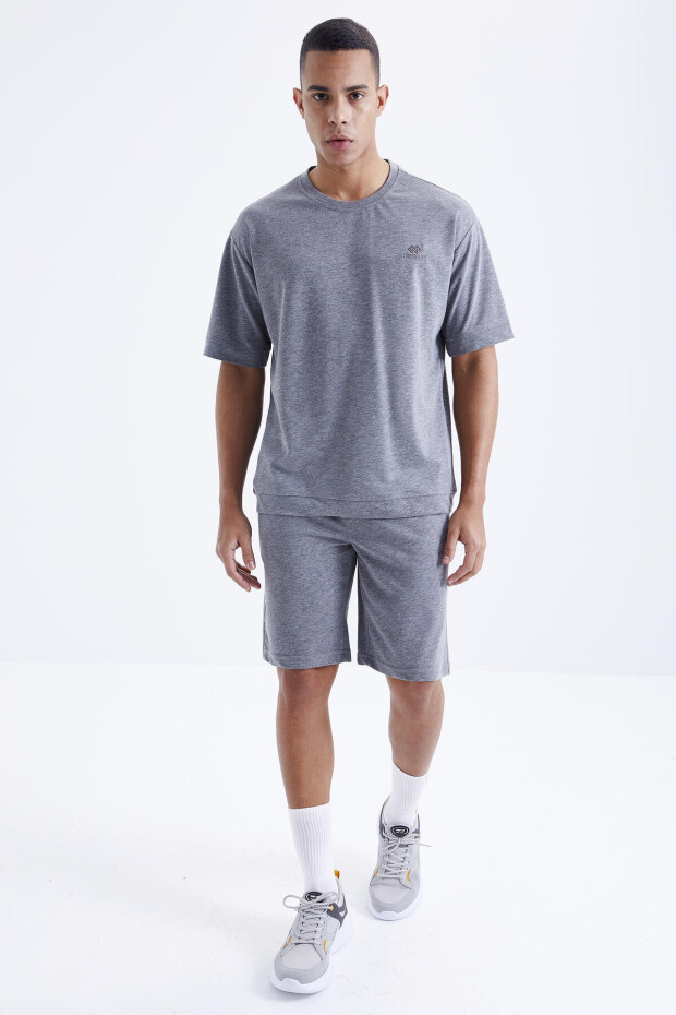 Gri Melanj O Yaka Oversize Bermuda Erkek Şort Takım - 85164 - 7