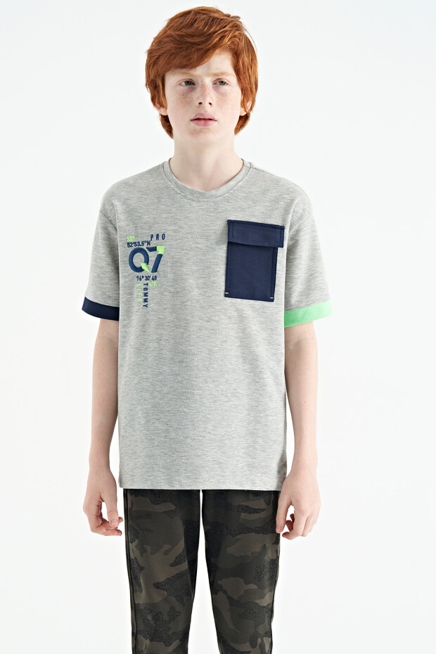 Gri Melanj O Yaka Oversize Cep Detaylı Erkek Çocuk T-Shirt - 11152