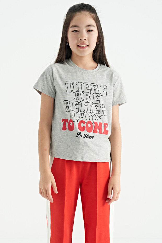 Gri Melanj O Yaka Yazı Baskılı Rahat Form Kısa Kollu Cropped Kız Çocuk T-Shirt - 75118