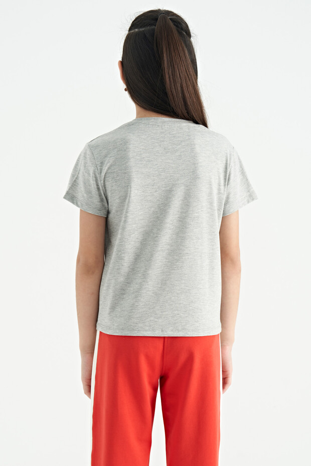 Gri Melanj O Yaka Yazı Baskılı Rahat Form Kısa Kollu Cropped Kız Çocuk T-Shirt - 75118