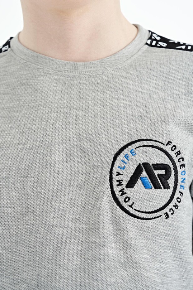 Gri Melanj Omuz Baskı Detaylı Standart Kalıp O Yaka Erkek Çocuk T-Shirt - 11121 - 11