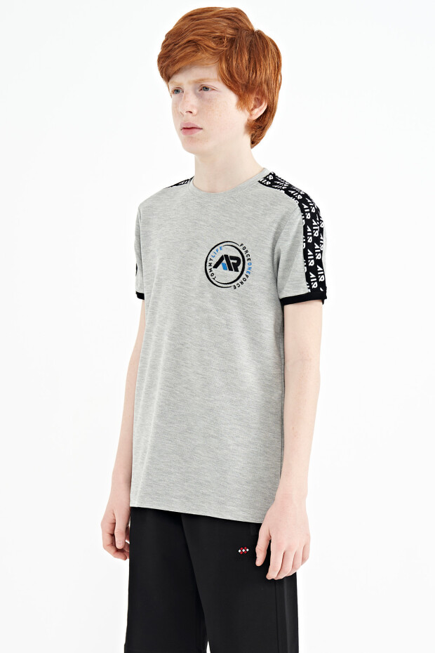 Gri Melanj Omuz Baskı Detaylı Standart Kalıp O Yaka Erkek Çocuk T-Shirt - 11121 - 4