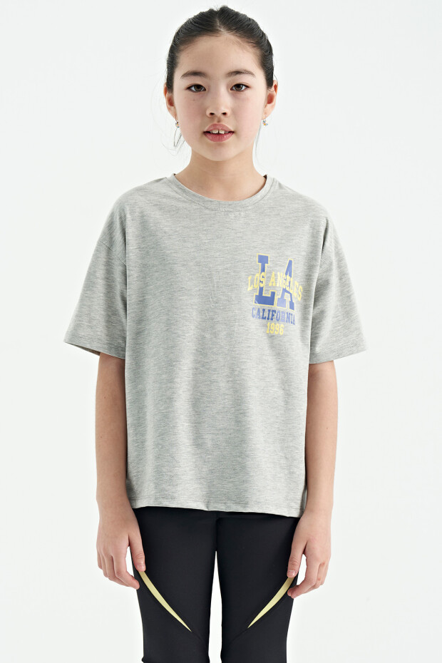 Gri Melanj Ön Arka Baskılı O Yaka Oversize Kısa Kollu Kız Çocuk T-Shirt - 75127