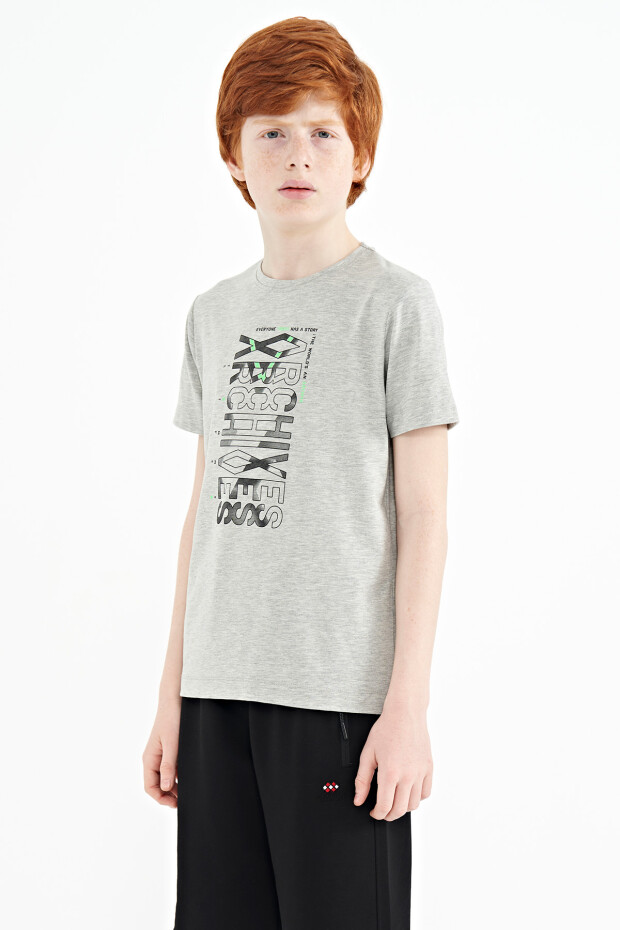 Gri Melanj Ön Baskı Detaylı O Yaka Standart Kalıp Erkek Çocuk T-Shirt - 11099