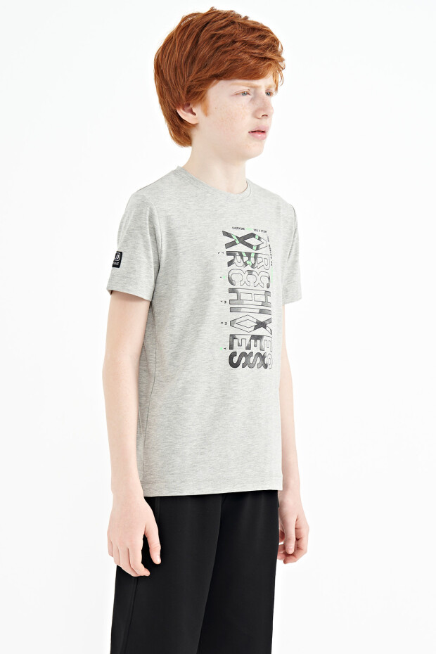 Gri Melanj Ön Baskı Detaylı O Yaka Standart Kalıp Erkek Çocuk T-Shirt - 11099