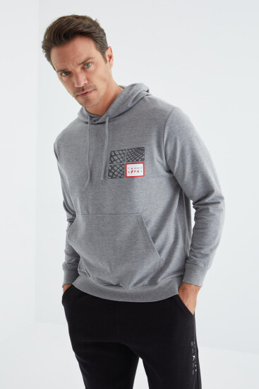 Gri Melanj Ön Baskılı Kapüşonlu Kanguru Cepli Rahat Form Erkek Sweatshirt - 88151 