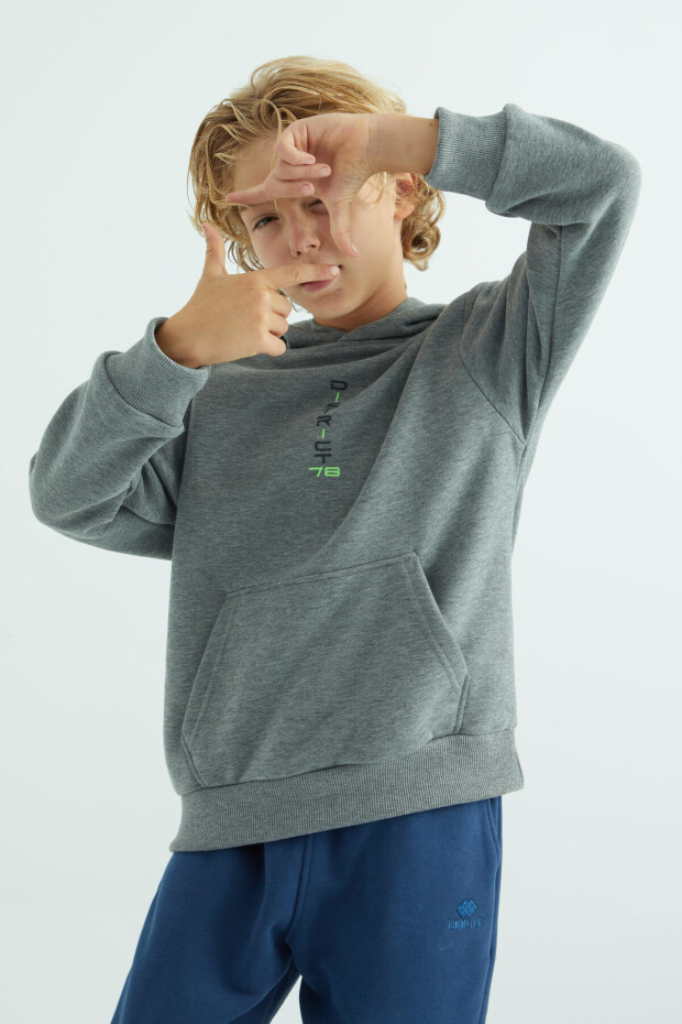 Gri Melanj Ön Ve Kapüşon Yazı Detaylı Standart Kalıp Erkek Çocuk Sweatshirt - 11037