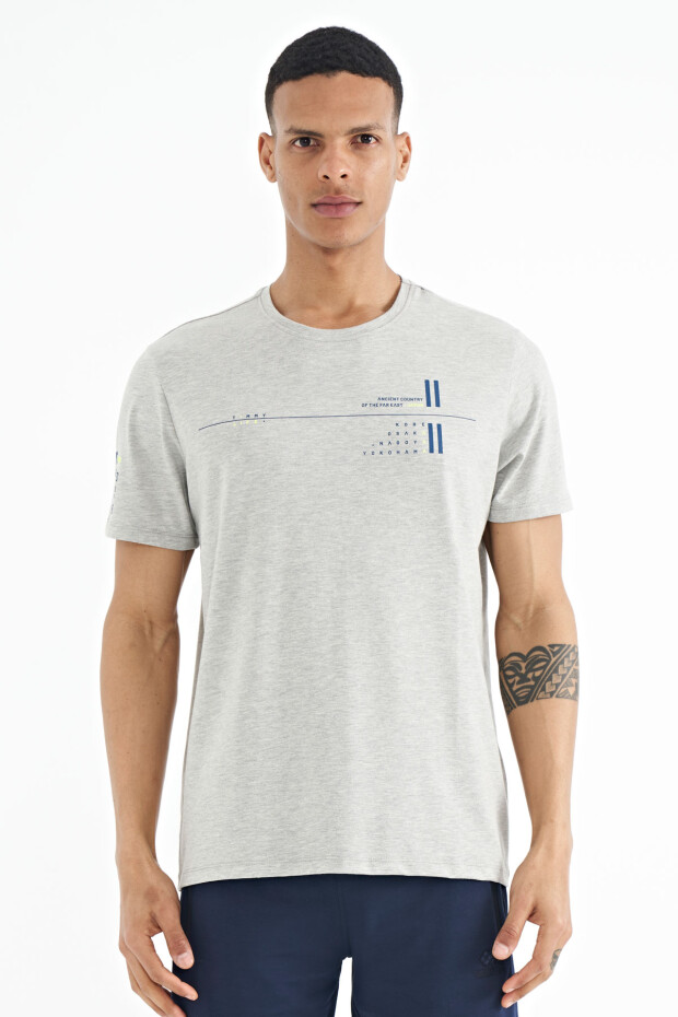 Gri Melanj Ön Ve Kol Baskı Detaylı Standart Form O Yaka Erkek T-shirt - 88213