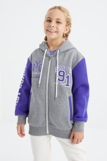 Gri Melanj Baskılı Fermuarlı Kapüşonlu Oversize Kız Çocuk Sweatshirt - 75094 