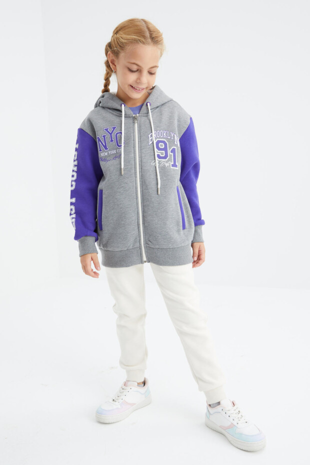 Gri Melanj Baskılı Fermuarlı Kapüşonlu Oversize Kız Çocuk Sweatshirt - 75094