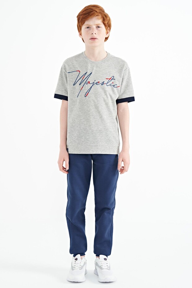 Gri Melanj Ön Yazı Nakışlı O Yaka Oversize Erkek Çocuk T-Shirt - 11147