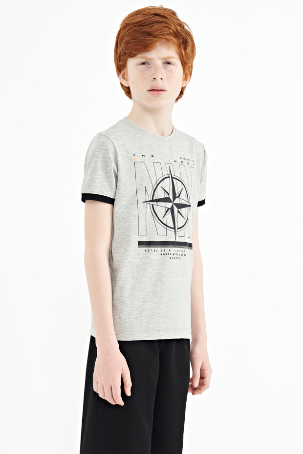 Gri Melanj Pusula Baskılı Standart Kalıp O Yaka Erkek Çocuk T-Shirt - 11106