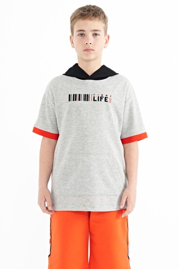 Gri Melanj Renk Bloklu Kapüşonlu Kanguru Cepli Oversize Erkek Çocuk T-Shirt - 11148 
