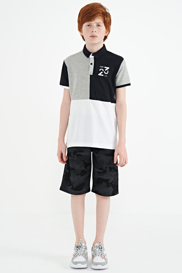 Gri Melanj Renk Bloklu Nakış Detaylı Standart Kalıp Polo Yaka Erkek Çocuk T-Shirt - 11108