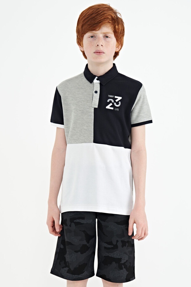 Gri Melanj Renk Bloklu Nakış Detaylı Standart Kalıp Polo Yaka Erkek Çocuk T-Shirt - 11108