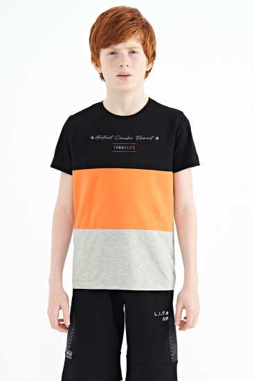 Gri Melanj Renk Bloklu O Yaka Baskı Detaylı Standart Kalıp Erkek Çocuk T-Shirt - 11135 