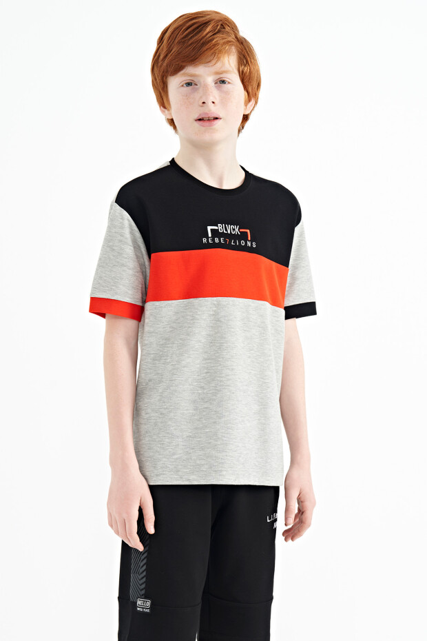 Gri Melanj Renk Geçişli Nakışlı Oversize Erkek Çocuk T-Shirt - 11159