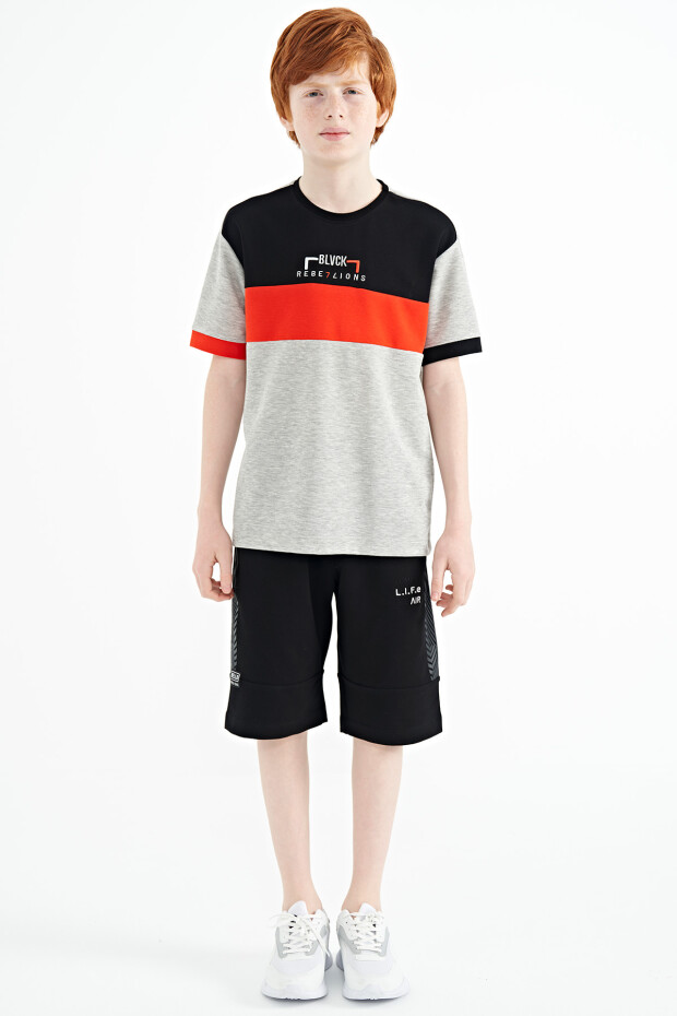 Gri Melanj Renk Geçişli Nakışlı Oversize Erkek Çocuk T-Shirt - 11159