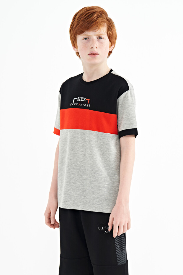 Gri Melanj Renk Geçişli Nakışlı Oversize Erkek Çocuk T-Shirt - 11159