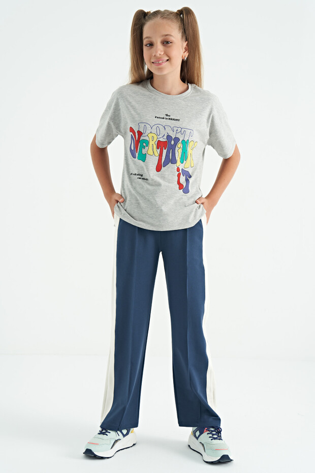 Gri Melanj Renki Yazı Baskılı O Yaka Oversize Kısa Kollu Kız Çocuk T-Shirt - 75112