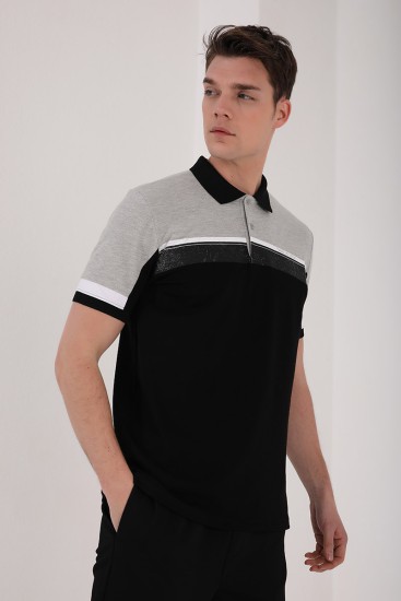 Gri Melanj Renkli Baskı Şeritli Standart Kalıp Düğmeli Polo Yaka Erkek T-Shirt - 87945 - Thumbnail
