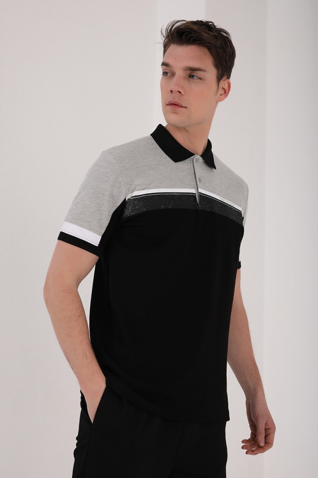 Gri Melanj Renkli Baskı Şeritli Standart Kalıp Düğmeli Polo Yaka Erkek T-Shirt - 87945