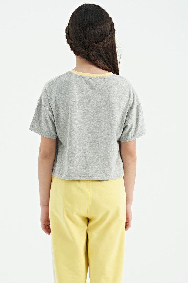 Gri Melanj Renkli Yazı Baskılı O Yaka Oversize Kısa Kollu Kız Çocuk T-Shirt - 75111