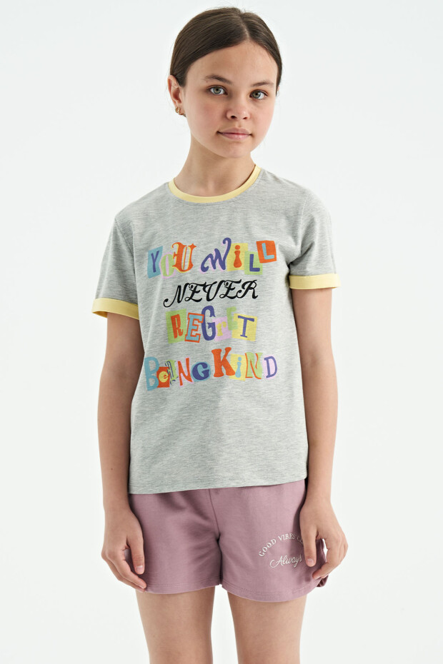 Gri Melanj Renkli Yazı Detaylı O Yaka Rahat Form Kız Çocuk T-Shirt - 75109