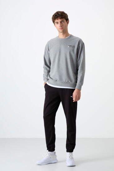 Gri Melanj - Siyah Casual O Yaka Lastik Paça Pamuklu Erkek Oversize Eşofman Takımı - 85120 
