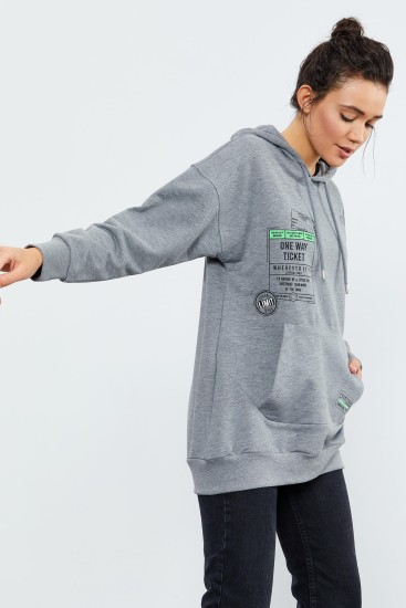 Gri Melanj Ticket Baskılı Kapüşonlu Kadın Oversize Sweatshirt - 97182 
