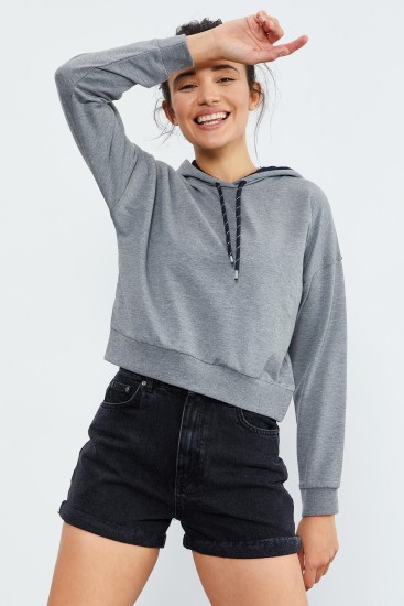 Gri Melanj Uzun Kol Rahat Form Kapüşonlu Kadın Sweatshirt - 97115 