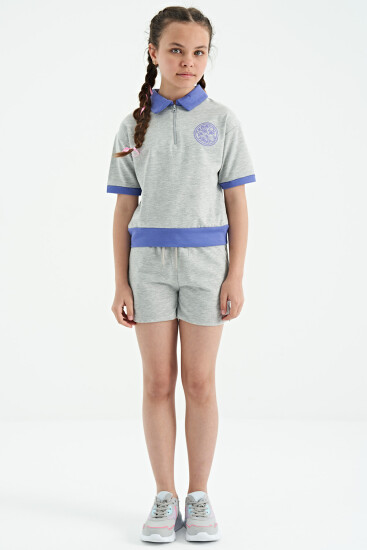 Gri Melanj Yakalı Kısa Kollu Rahat Form Kız Çocuk Şort Takım - 75131 - TOMMYLIFE (1)