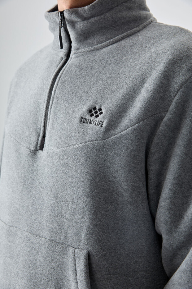 Gri Melanj Yarım Fermuar Dik Yaka Lastik Paça Polar Erkek Eşofman Takımı - 85159 - 3