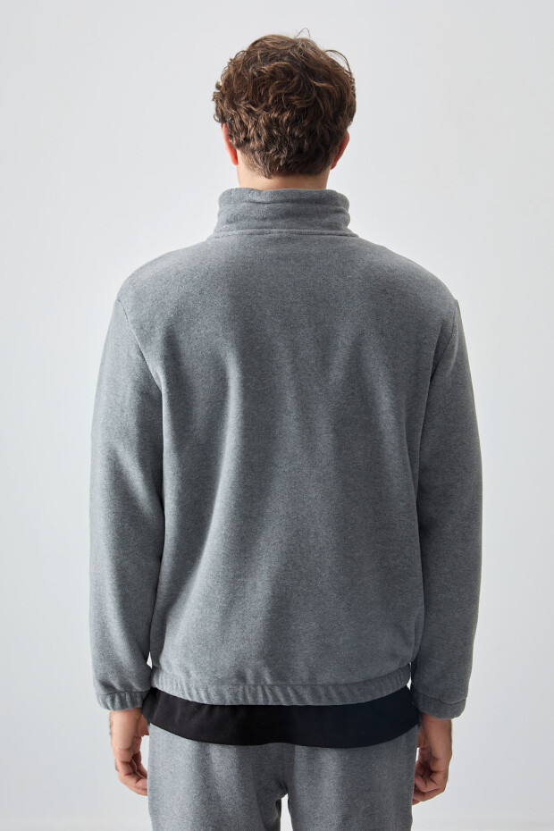 Gri Melanj Yarım Fermuar Dik Yaka Lastik Paça Polar Erkek Eşofman Takımı - 85159 - 8