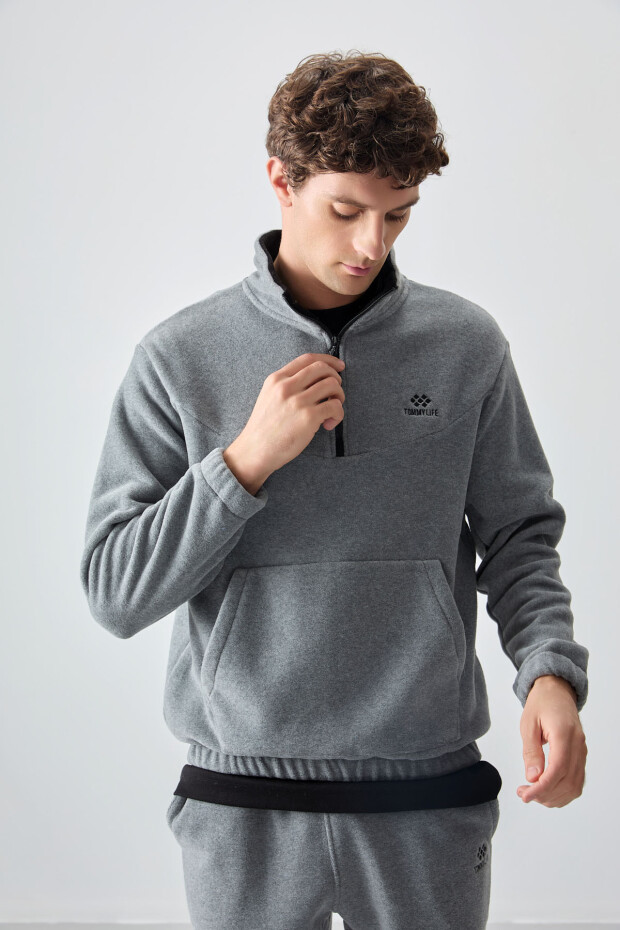 Gri Melanj Yarım Fermuar Dik Yaka Lastik Paça Polar Erkek Eşofman Takımı - 85159 - 7