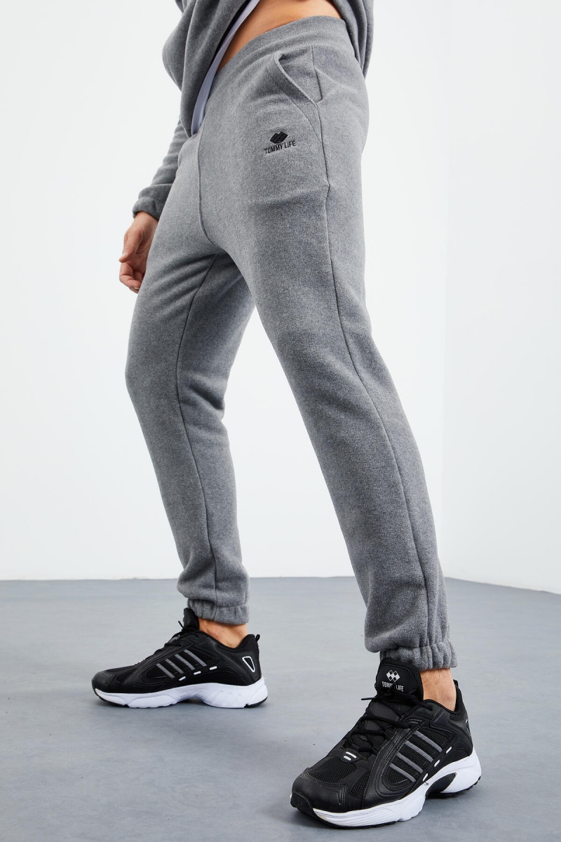 Gri Melanj Yarım Fermuar Dik Yaka Lastik Paça Polar Erkek Eşofman Takımı - 85159 - 5