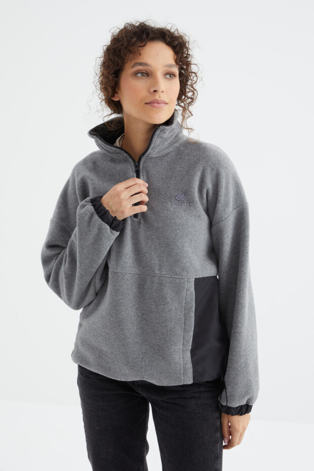 Gri Melanj Yarım Fermuar Etek Ucu Büzgülü Dik Yaka Oversize Kadın Polar Sweatshirt - 97236 - 5