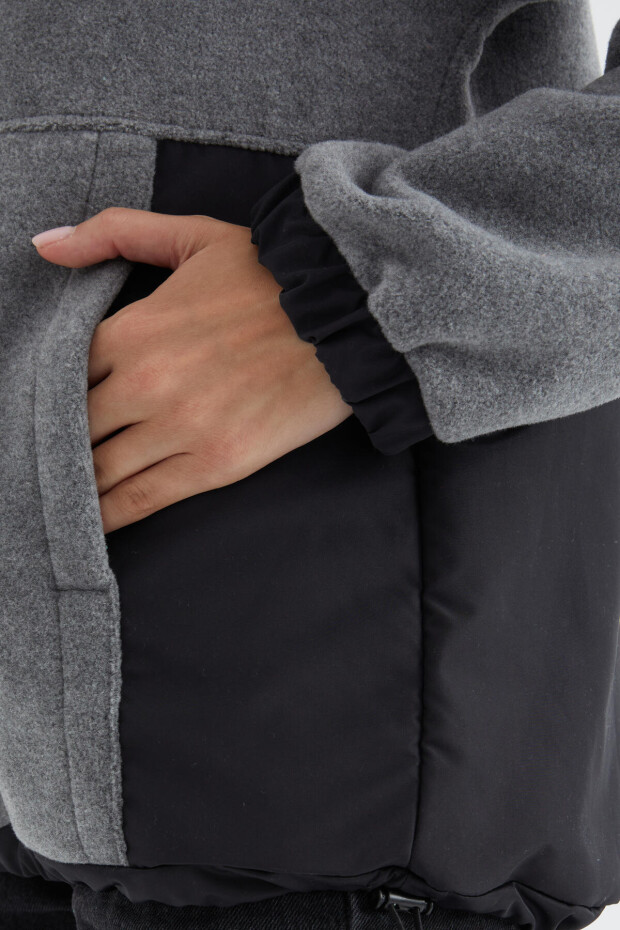 Gri Melanj Yarım Fermuar Etek Ucu Büzgülü Dik Yaka Oversize Kadın Polar Sweatshirt - 97236 - 7