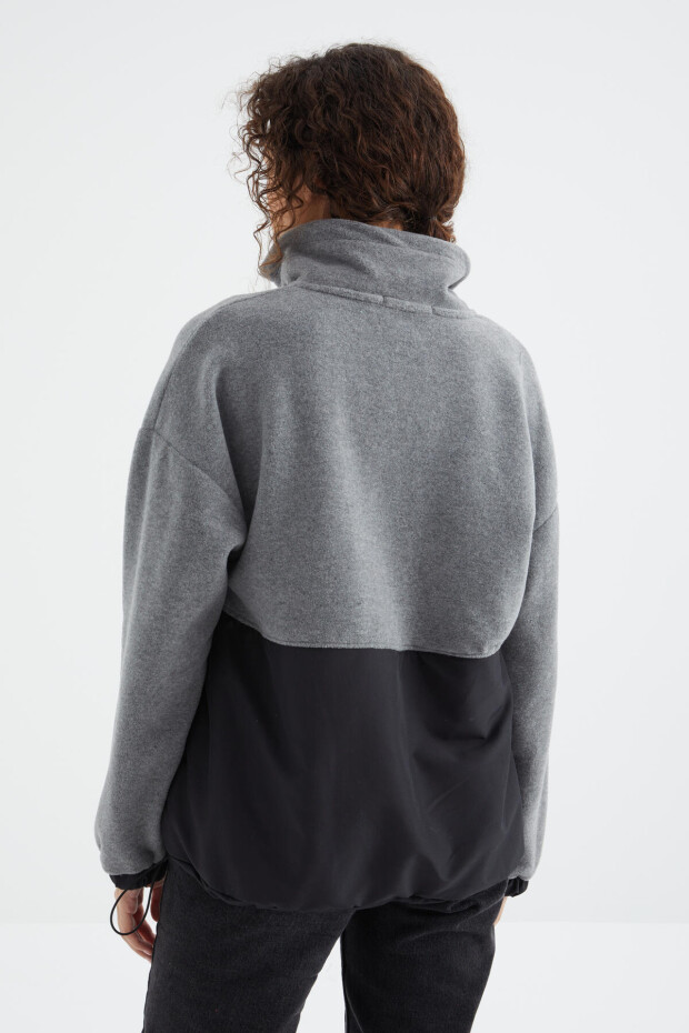Gri Melanj Yarım Fermuar Etek Ucu Büzgülü Dik Yaka Oversize Kadın Polar Sweatshirt - 97236 - 8
