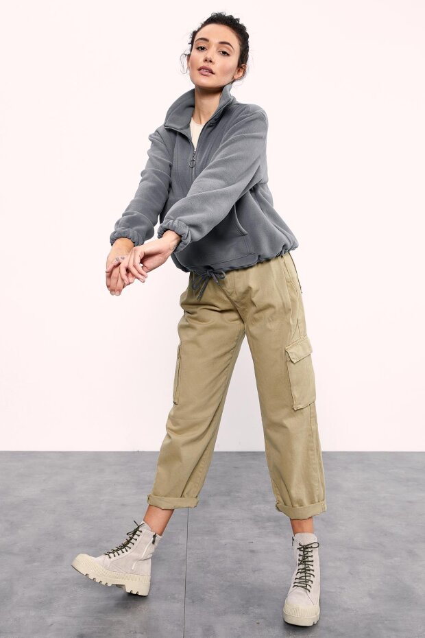 Gri Melanj Yarım Fermuar Etek Ucu Büzgülü Kadın Polar Oversize Sweatshirt - 97171 - 5