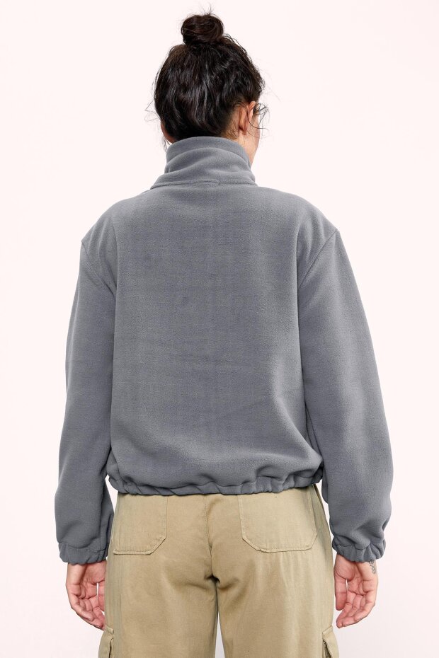 Gri Melanj Yarım Fermuar Etek Ucu Büzgülü Kadın Polar Oversize Sweatshirt - 97171 - 7