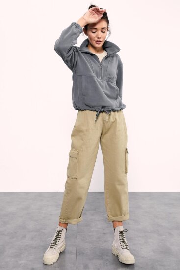 Gri Melanj Yarım Fermuar Etek Ucu Büzgülü Kadın Polar Oversize Sweatshirt - 97171 - TOMMYLIFE (1)