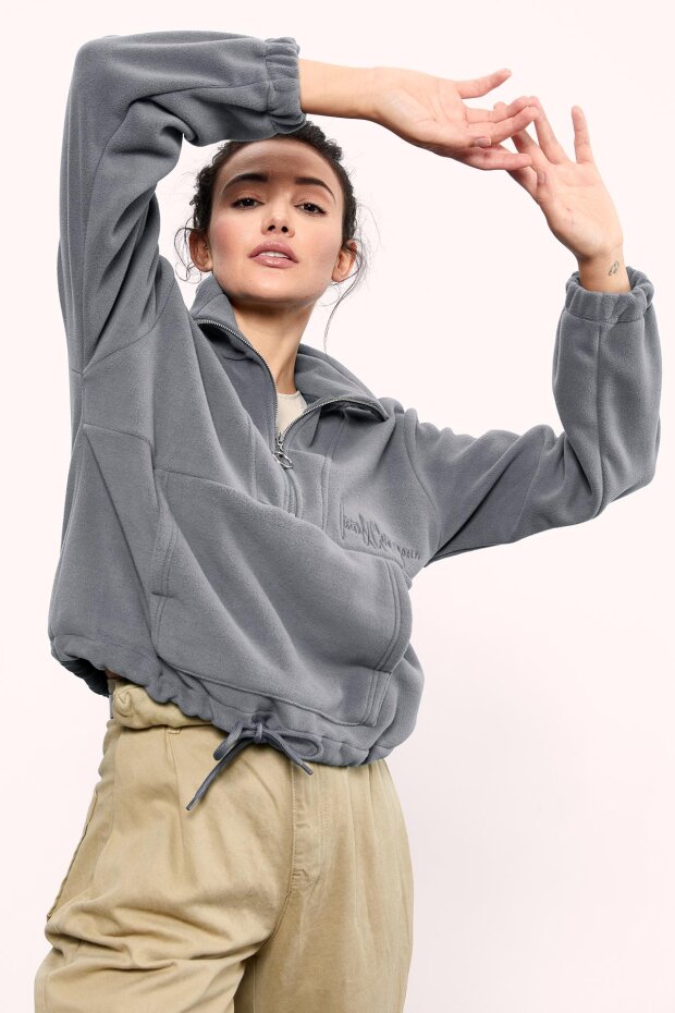 Gri Melanj Yarım Fermuar Etek Ucu Büzgülü Kadın Polar Oversize Sweatshirt - 97171 - 3