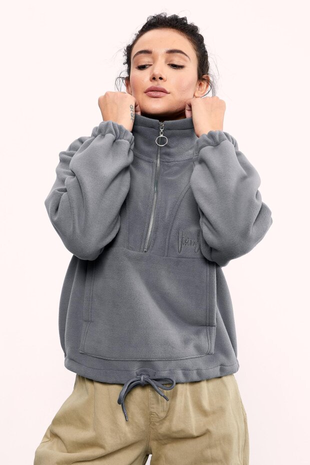 Gri Melanj Yarım Fermuar Etek Ucu Büzgülü Kadın Polar Oversize Sweatshirt - 97171 - 4