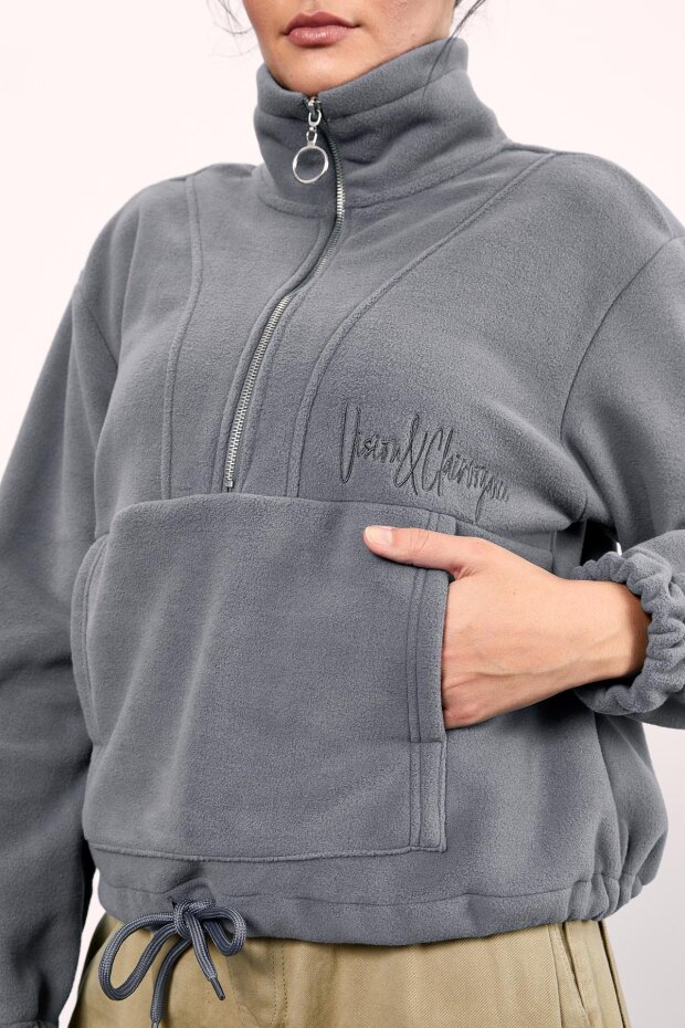 Gri Melanj Yarım Fermuar Etek Ucu Büzgülü Kadın Polar Oversize Sweatshirt - 97171 - 6