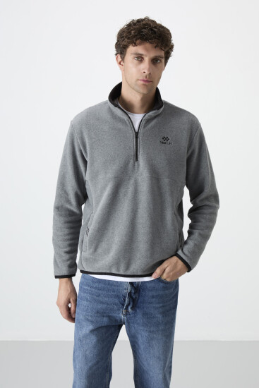 Gri Melanj Yarım Fermuarlı Sweatshirt Slim Fit Dik Yaka Erkek Polar - 87891 
