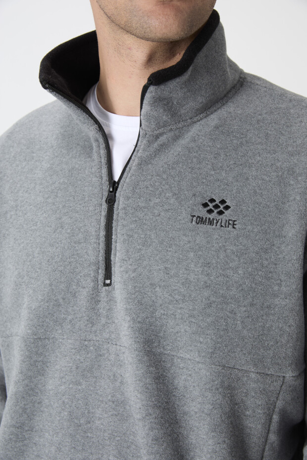 Gri Melanj Yarım Fermuarlı Sweatshirt Slim Fit Dik Yaka Erkek Polar - 87891 - 4