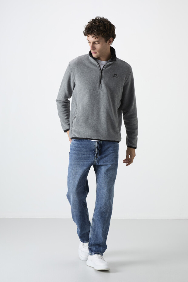 Gri Melanj Yarım Fermuarlı Sweatshirt Slim Fit Dik Yaka Erkek Polar - 87891 - 5